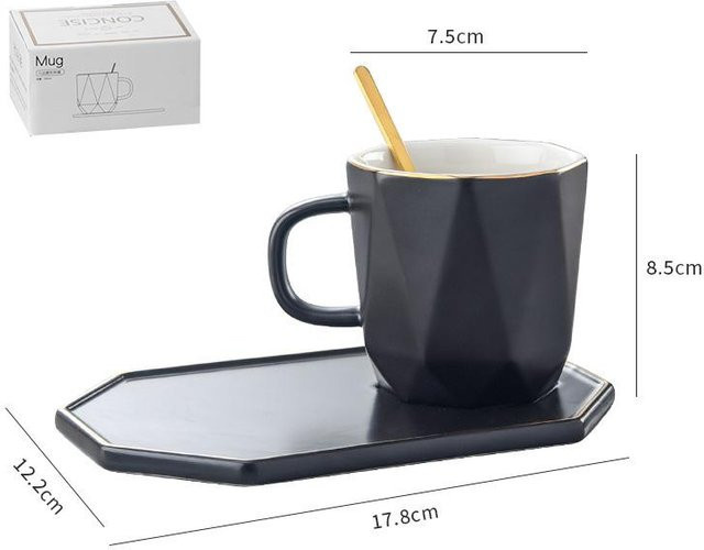 Kaffeetassen-Set Yiran bag mit Untertasse und Löffel aus Keramik, Gold Muster Schwarz und Weiß, 215 ml - Bild 1