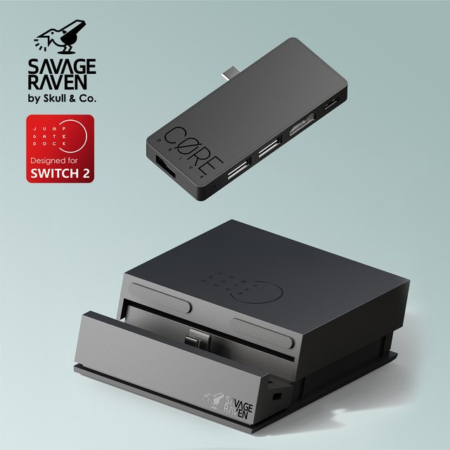 Skull & Co. Jumpgate Dock USB C Hub Savage Raven Tragbare Ständer-Dockingstation für Nintendo Switch 2 und OLED in Schwarz - Bild 1