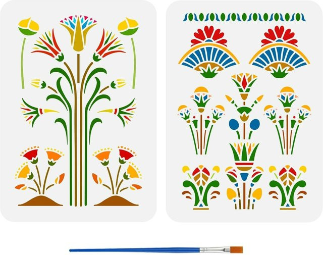 Set aus 2 Art Nouveau Schablonen mit ägyptischen Lotusblumen und 1 Kunststoff-Pinsel, Multicolor, Breite: 21,08 cm, Höhe: 29,97 cm - Bild 1