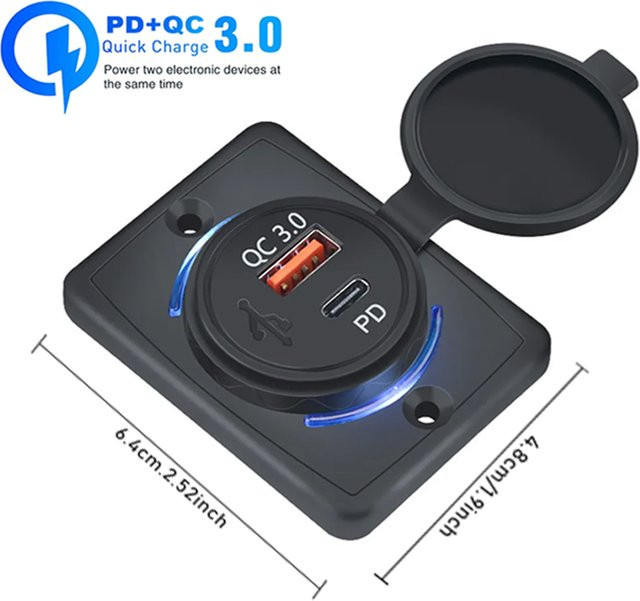 Kankeirr 24V USB-Schnellladebuchse mit USB-A und USB-C, 38W Panel-Ladebuchse mit LED-Licht in Schwarz für Auto, Bus, LKW, Boot und ATV - Bild 1