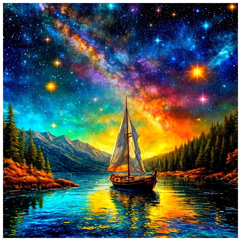 HUACAN 5D Diamant-Malerei Segelboot-Landschaft Mosaik Meeresfantasie DIY Kunstset, B/H: 30 x 30 cm, Mehrfarbig - Bild 4