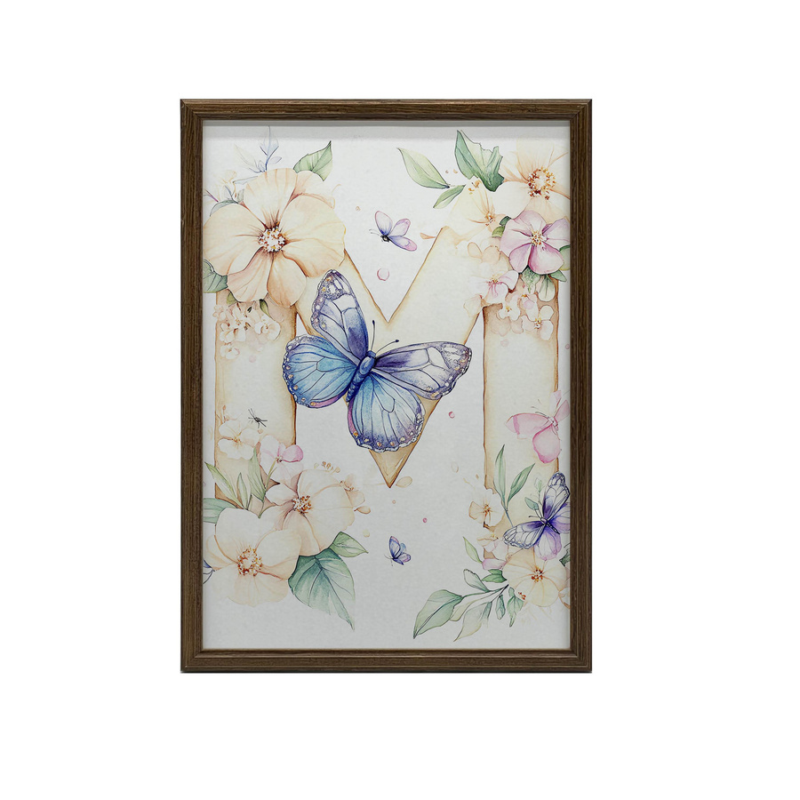 Premium-Leinwand Poster Buchstabe M mit Blumen und Schmetterling von Marcin Zbijowski, B: 50 cm, H: 70 cm - Bild 2