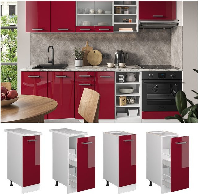 Vicco Apothekerunterschrank R-Line Küchenschrank in Weiß und Bordeaux Hochglanz mit Marmor Arbeitsplatte, Breite: 30 cm, Höhe: 81,6 cm, Tiefe: 19,73 cm - Bild 1