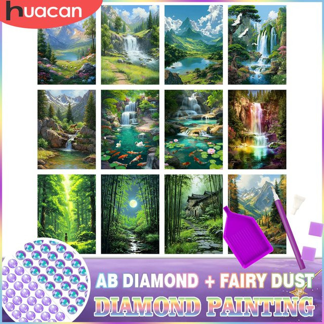 HUACAN Diamantmalerei Feenstaub Wasserfall Landschaft Berg als Mosaik Naturkunst Wanddeko in Multicolour, B/H: 30 x 20 cm - Bild 1