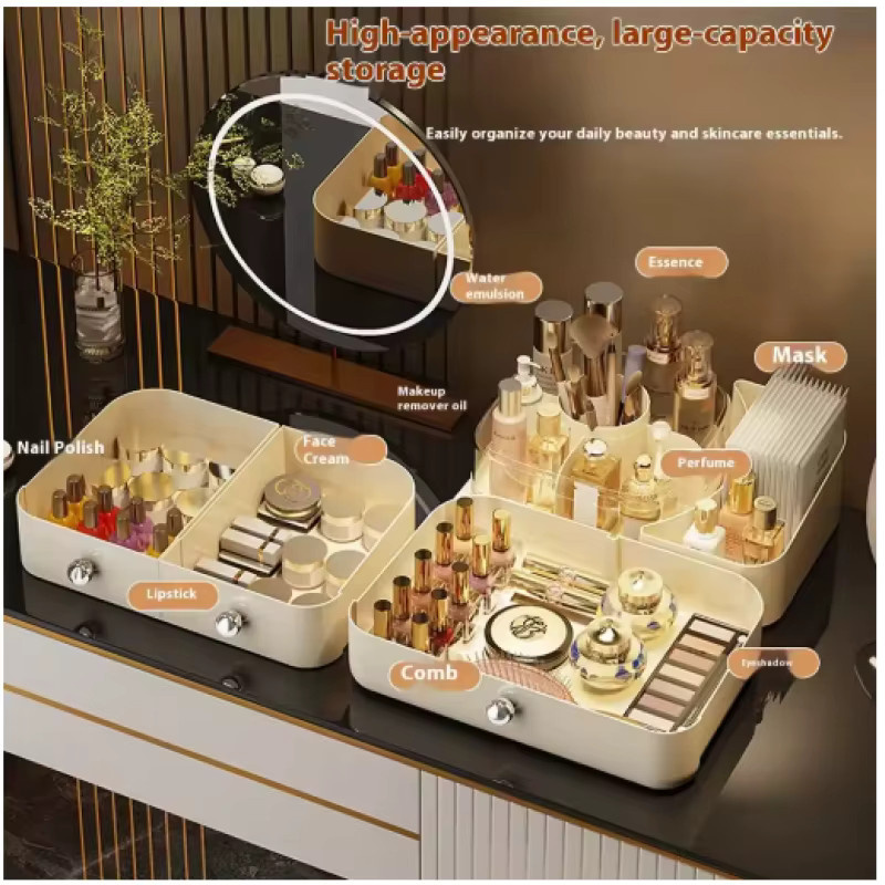 Drehbare Kosmetik-Aufbewahrungsbox von TLXT in Beige und Weiß für Schreibtisch und Schminktisch - Bild 3