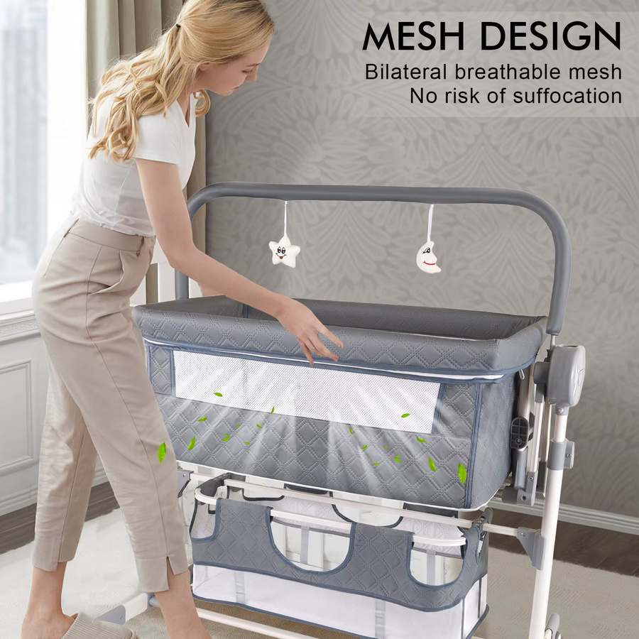 Tragbare Babywiege als faltbares Reisebett und Beistellbett für Neugeborene mit Netzseiten, Rollen und Aufbewahrungskorb in Beige oder Grau - Bild 2