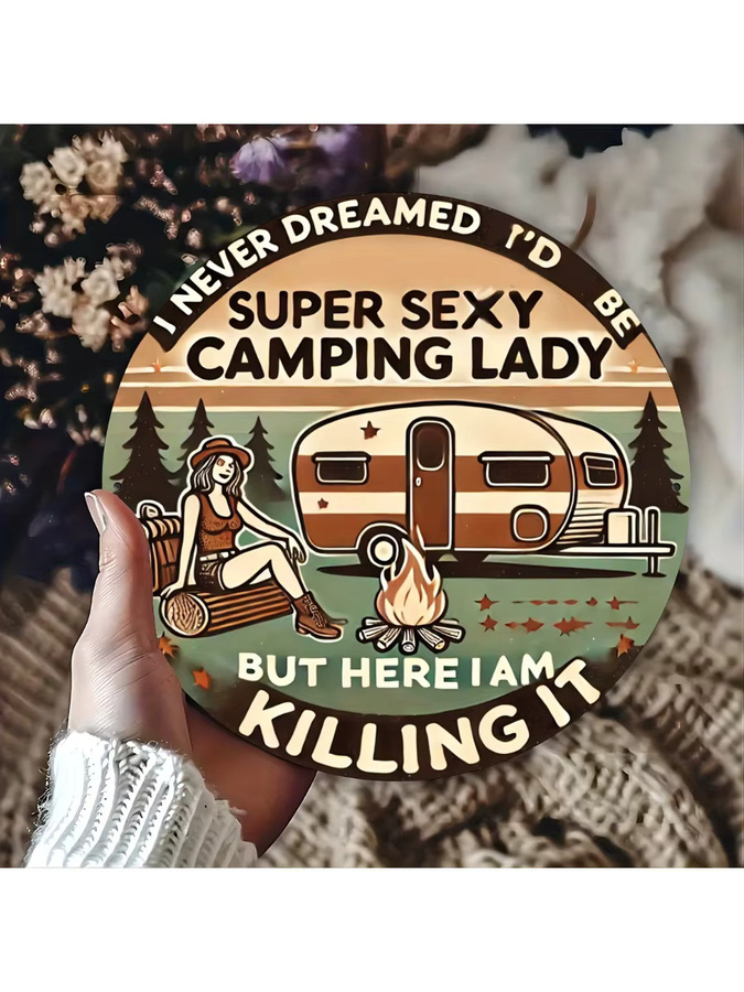 Potdemiel Vintage-Aluminiumschild Super Sexy Camping Lady, Mehrfarbig, Breite: 19,81 cm, Höhe: 19,81 cm - Bild 6