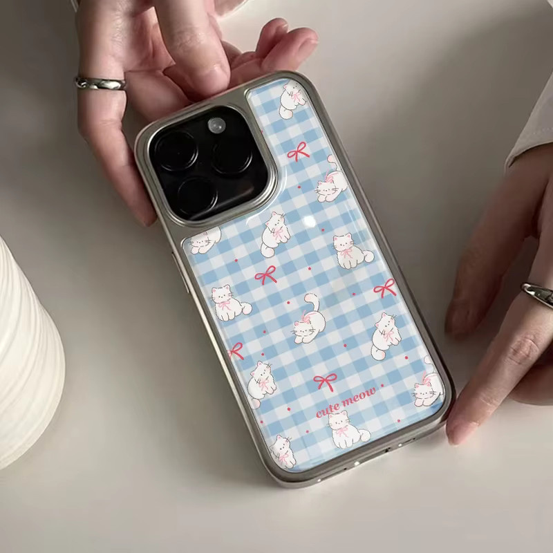 DecoPhone Stoßfeste Hydrogel Handyhülle mit silbernem Rand für iPhone 17, 16, 15 und 14 Pro Max im Miauen-Design - Bild 3