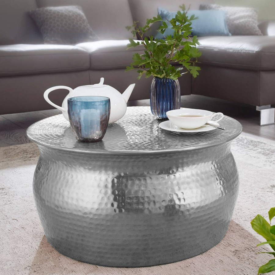 Wohnling Couchtisch in Silber mit glänzendem Aluminium-Finish im orientalischen Design, B/H/T: 60 x 30 x 60 cm - Bild 3