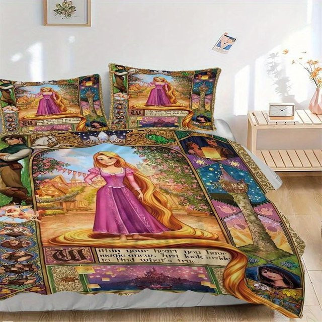3-teiliges Cy Seven Bettwäscheset mit Rapunzel-Motiv, buntes Cartoon-Design, Material: Polyester, B/H: 140 x 200 cm - Bild 1