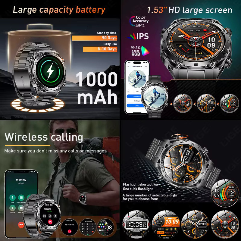 LIGE Smartwatch, Edelstahl, Schwarz, Herren, 1,53 Zoll, Wasserdicht - Bild 2