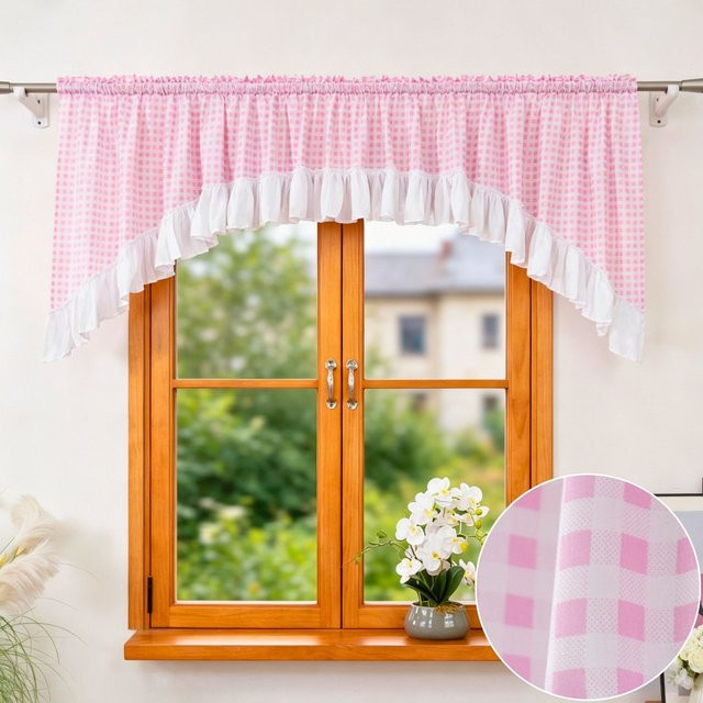 FLYINGCURTAINS Rustikaler Farmhaus-Vorhang mit gebogenem Gittermuster und Rüschenrand, transparent, Pink, B: 80 cm, H: 147 cm - Bild 1