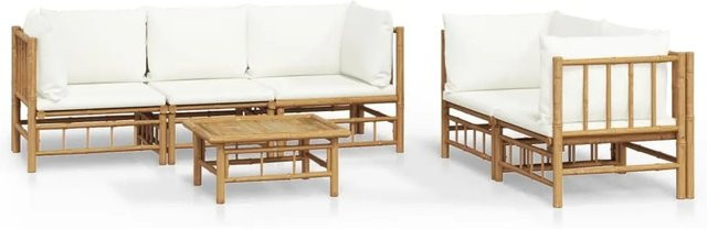 vidaXL 6-tlg Garten-Lounge-Set aus geöltem Bambus mit cremeweißen Polyesterkissen in Braun und Weiß - Bild 1