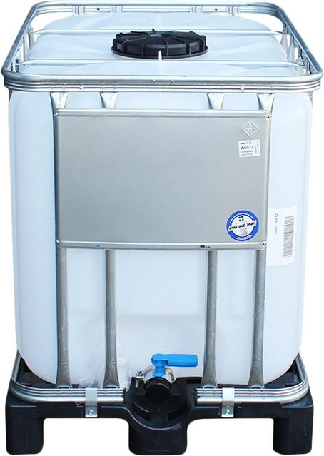 IBC Tank 600 Liter mit Kunststoffpalette und Stahlrohrrahmen, transparent - Bild 1