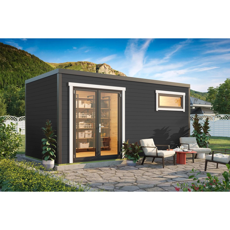 Lasita Holz-Gartenhaus Sardinia Blockbohlenhaus mit Flachdach in Carbongrau lasiert B/H/T: 500 x 239,4 x 250 cm - Bild 2