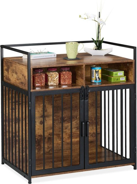 Relaxdays Hundekäfig aus Metall im Industrial-Design, Schwarz-Braun, Abschließbar, B/T/H: 85 x 80 x 54 cm - Bild 1