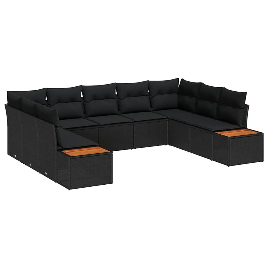 vidaXL 9-teiliges Gartensofa-Set aus Polyrattan und Akazie in Schwarz mit Kissen und Stauraum - Bild 2