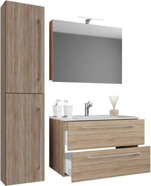 VCM Möbel Badinos Badezimmer Möbel Set in Eiche Sonoma Nachbildung, 4-teilig mit Unterschrank, Waschbecken, Spiegelschrank und Hochschrank, Braun, B/H/T: 61 x 151 x 46,4 cm - Bild 1