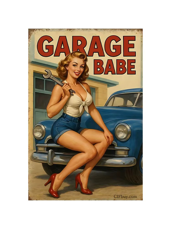 HELLOYOUNG Vintage Blechschild Garage Babe Pin-Up Girl Retro Wanddekoration aus Metall, Mehrfarbig, Breite: 20,32 cm, Höhe: 30,48 cm - Bild 2