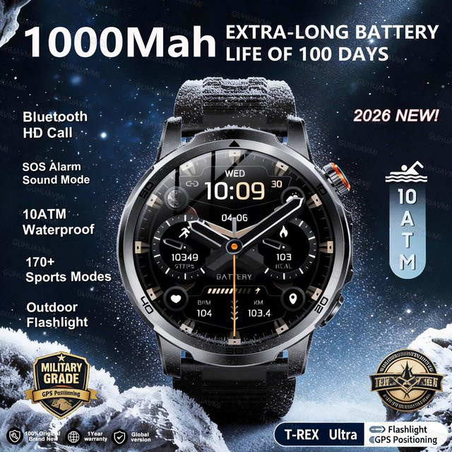 GUHUAVMI Smartwatch, Herren, Grau, 1,85 Zoll, 10 ATM, Silikon - Bild 1