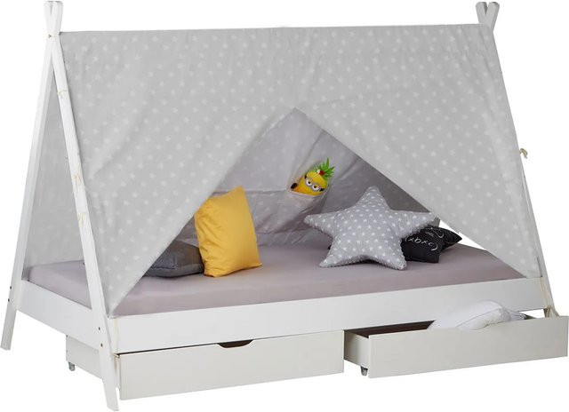 Homestyle4u Hausbett für Kinder aus Kiefernholz mit Matratze, Lattenrost und Bettkästen in Weiß, B/T/H: 90 x 200 x 121 cm - Bild 1