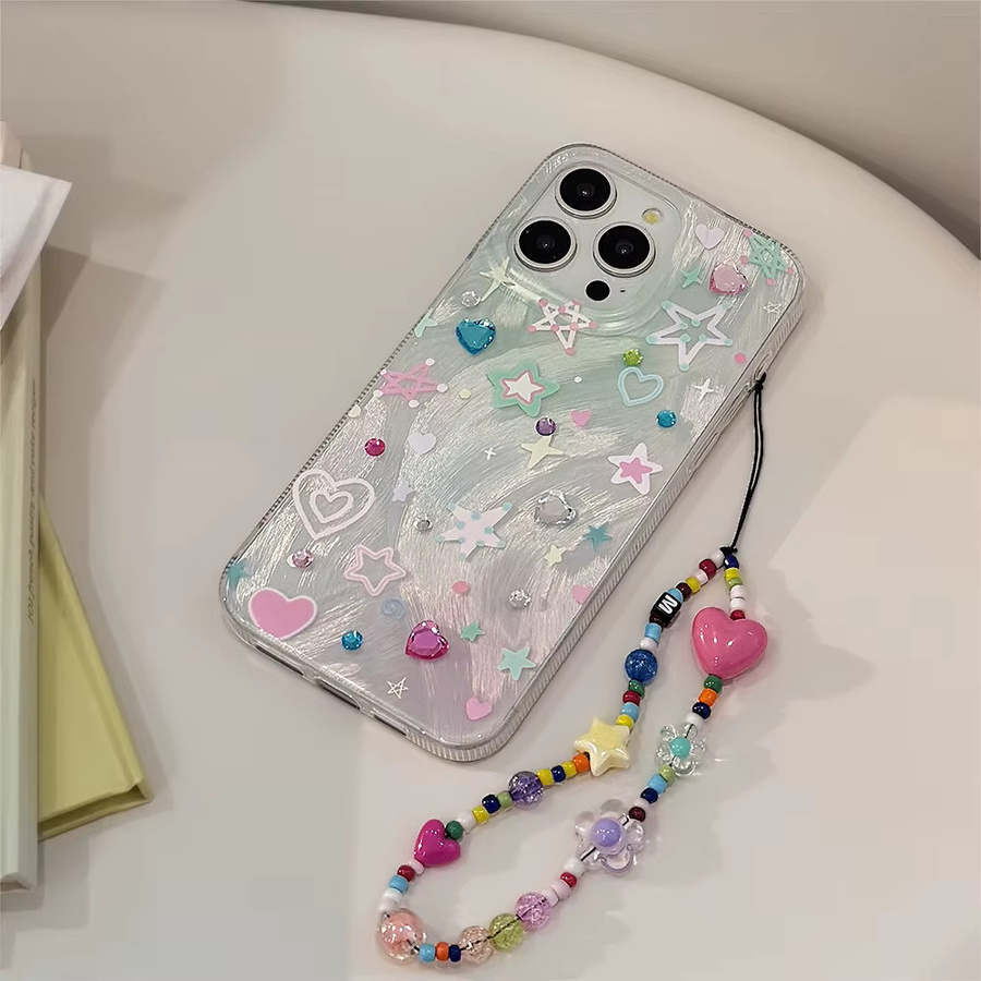 Bunte Sterne und Liebesherz Handyhülle mit Kette für dein iPhone 17 Air 16 15 14 13 12 11 Pro Max, stoßfeste Hartschale in Multicolour - Bild 5