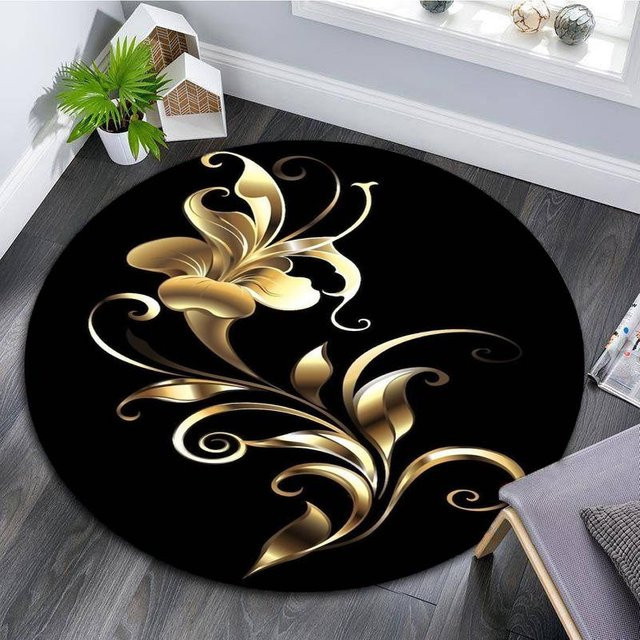 Runder Teppich mit goldenem Blumenmuster, rutschfest und wasserdicht, Farbe: Schwarz-Gold, Durchmesser: 100 cm - Bild 1