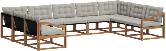 vidaXL Outdoor-Sofagarnitur 9-teilig aus Akazienholz mit Textilene und Kissen in Natur und Hellgrau - Bild 1