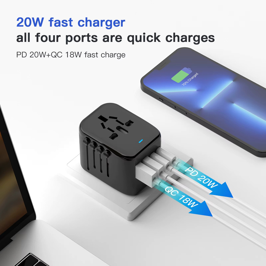 HKLAMIN GaN 20W Schnell-Ladeadapter in Schwarz mit 2 USB-C und 2 USB-A Anschlüssen sowie internationalem Weltweiter Steckeradapter für EU UK US AU - Bild 4