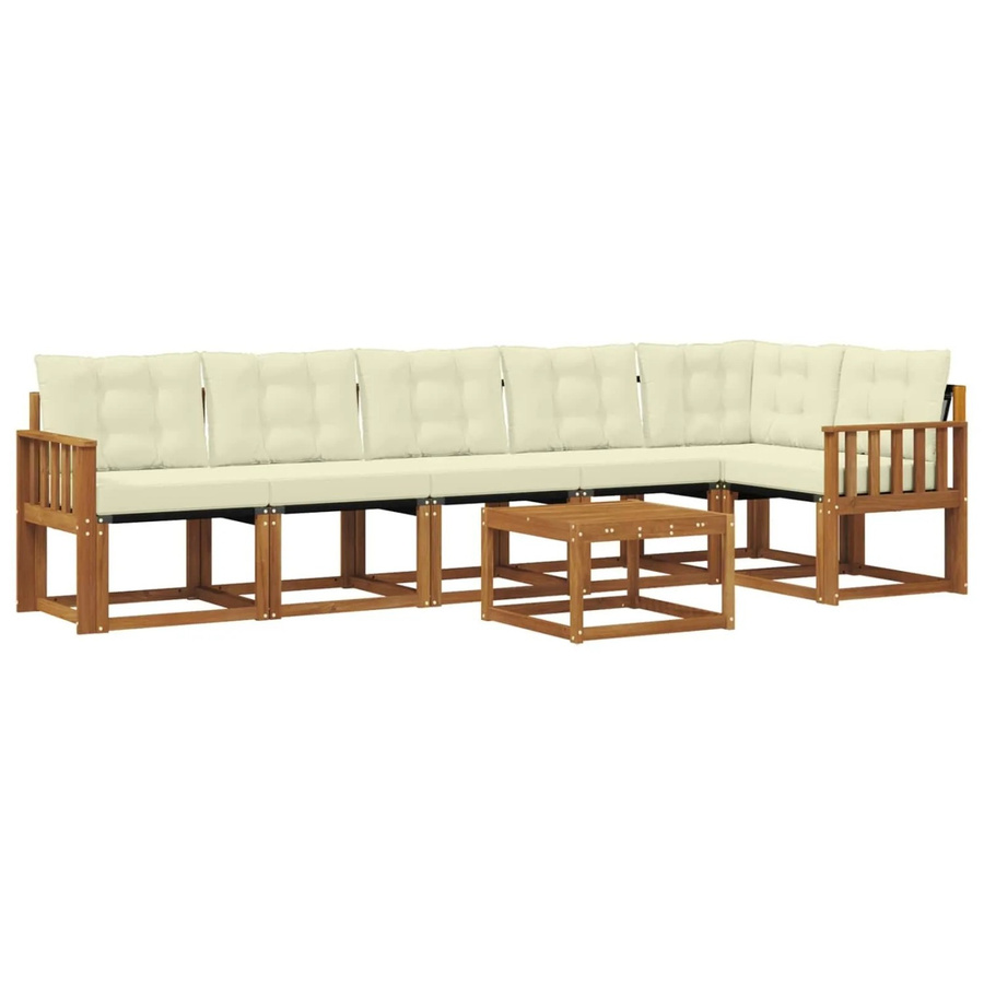 vidaXL Outdoor-Sofagarnitur 7-teilig aus Akazienholz und Textilene in Natur und Creme mit Kissen und Armlehnen - Bild 2