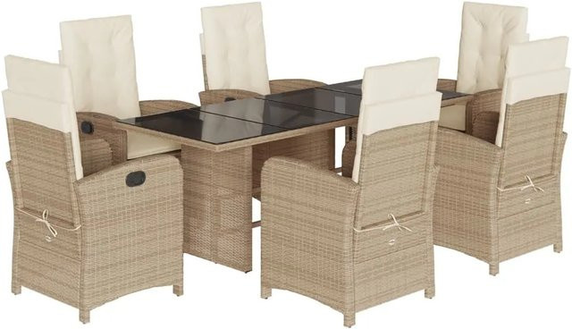 vidaXL 7-teilige Garten-Essgruppe aus Poly-Rattan in Beige mit Kissen und Hartglas-Tischplatte - Bild 1