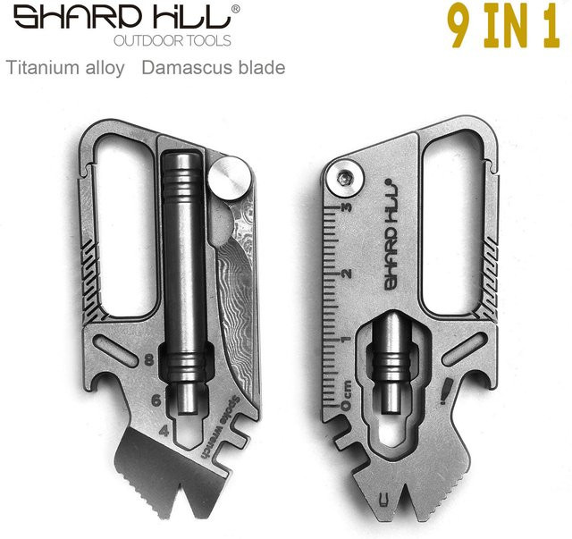 YESISOK 9in1 Multifunktionsmesser aus Titanlegierung mit Damastklinge, EDC Schlüsselanhänger, Flaschenöffner und Schraubendreher, Modell SH-T8 - Bild 1