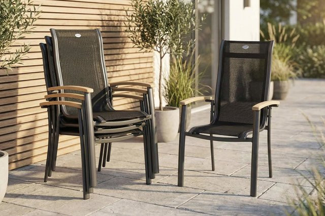Hartman Alice Stapelsessel 4er-Set in Xerix/Schwarz mit Teak-Armlehnen aus Aluminium und Textilene, B/T/H: 63,5 x 71,0 x 107,0 cm - Bild 1