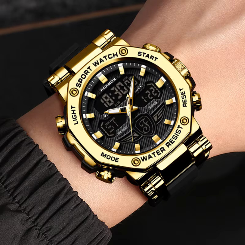 FOXBOX Chronograph Armbanduhr, Quarz, Silikon, Herren, Schwarz, Gold - Bild 5