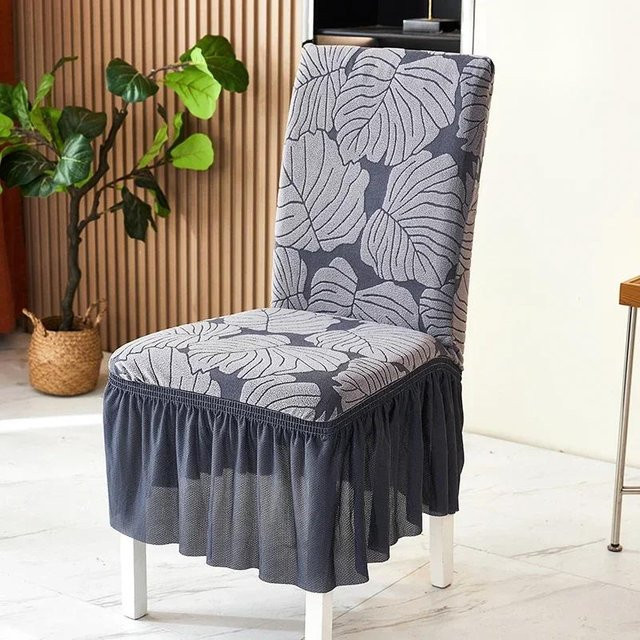 Bestbags Esszimmerstuhlbezug mit Schößchen aus Jacquard in Grau, elastische Stuhlhussen mit Blättermuster für Hochzeit und Bankett, 2 Stück - Bild 1