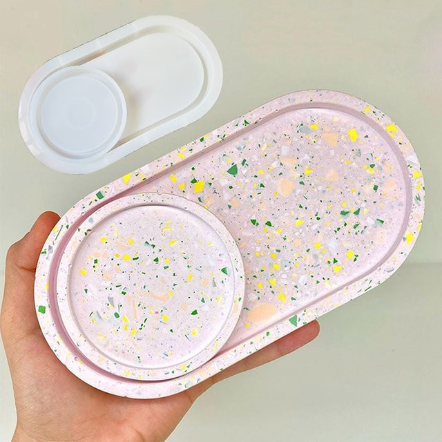 2er-Set Silikonformen für Terrazzo Beton Tabletts in Oval und Rund zur Herstellung von Jesmonite Schmuckschalen in Pink - Bild 1