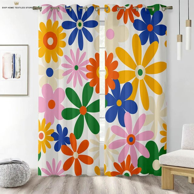 Yiran Furniture Vorhänge mit Blumendruck im Pastoralstil, 2er-Set, halbtransparent, Mehrfarbig, Breite: 50 cm, Höhe: 130 cm - Bild 1