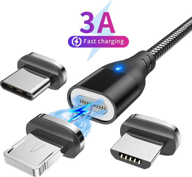 LUPWAY Magnetisches Schnellladekabel mit Micro-USB und USB-C für iPhone, Samsung, Xiaomi, Realme, OnePlus und Huawei in Schwarz - Bild 1