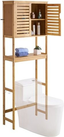 VEVOR Toilettenschrank aus Bambus in Braun mit Doppeltür und verstellbarem Regal, platzsparender Badezimmerschrank über der Toilette mit offenem Regal, B/T/H: 65 x 27 x 175 cm - Bild 1