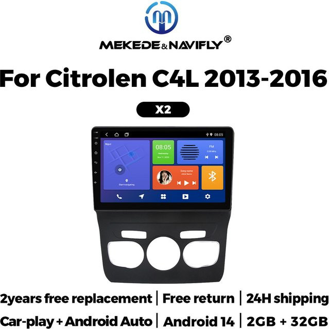 MEKEDE & NAVIFLY Android 14 2-Din Autoradio mit GPS und Carplay für Citroen C4 C4L DS4 2012-2017, Schwarz - Bild 1