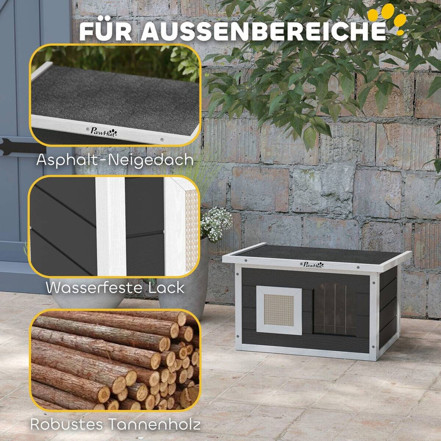 PawHut Katzenhaus aus Holz in Grau mit wetterfestem Klappdach und herausnehmbarem Boden für Indoor und Outdoor, B: 45 cm, T: 61 cm, H: 36,5 cm - Bild 3