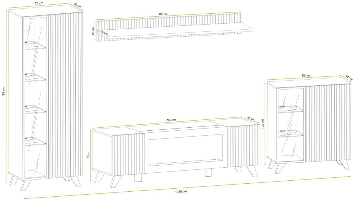 Wohnwand Lines in Eiche und Schwarz mit Kamin, Vitrine und LED-Beleuchtung, Breite: 340 cm - Bild 3