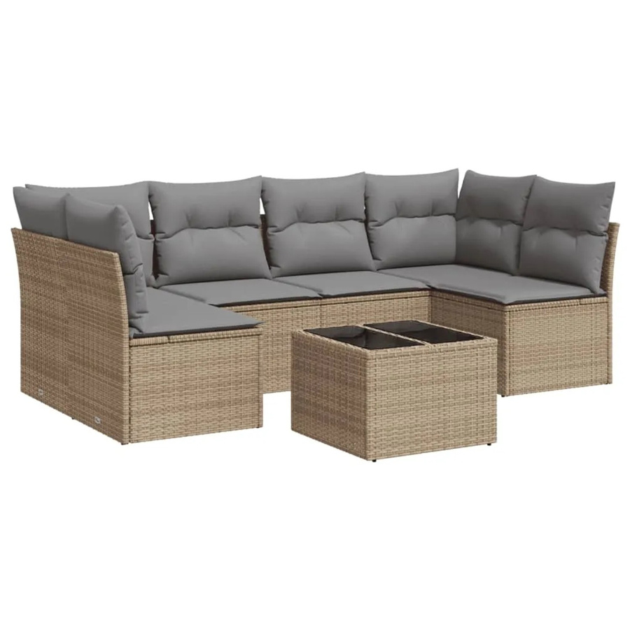 vidaXL 7-tlg Garten-Sofagarnitur aus Poly-Rattan in Beige mit Kissen und pulverbeschichtetem Stahlgestell - Bild 2
