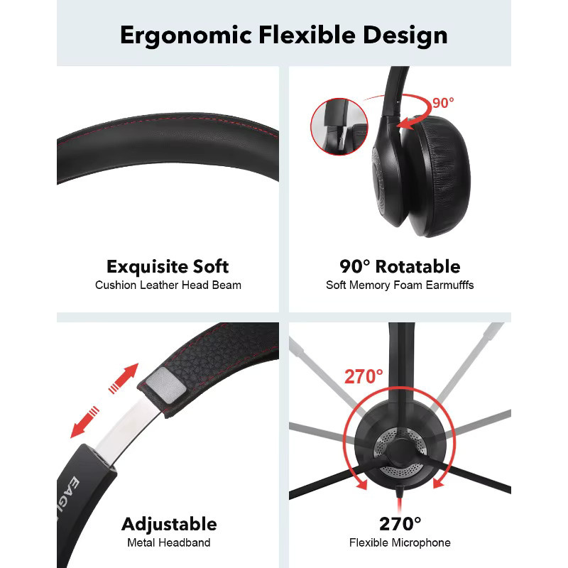 JIAMQISHI USB-Headset mit Geräuschunterdrückendem Mikrofon und Inline-Steuerung in Schwarz für PC, Homeoffice und Online-Kurse - Bild 5