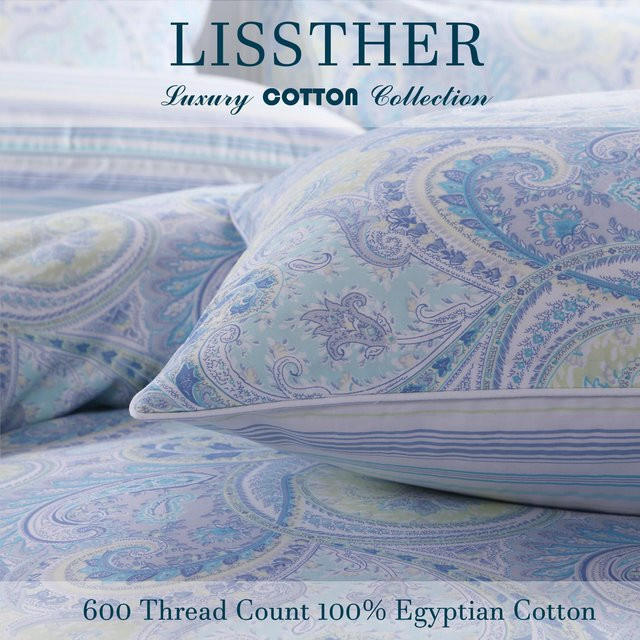 Bin Chi Textiles 3-teiliges Bettbezug-Set aus 100% ägyptischer Baumwolle mit Damast Paisley Muster in Blau, Queen Größe, B/H: 150 x 200 cm - Bild 1