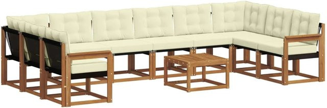 vidaXL Outdoor-Sofagarnitur aus massivem Akazienholz in U-Form, 11-teiliges Set mit Textilene und Kissen, Natur und Creme - Bild 1
