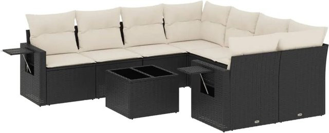 vidaXL 9-tlg Garten-Sofagarnitur in L-Form aus Poly-Rattan mit Kissen in Schwarz-Creme - Bild 1