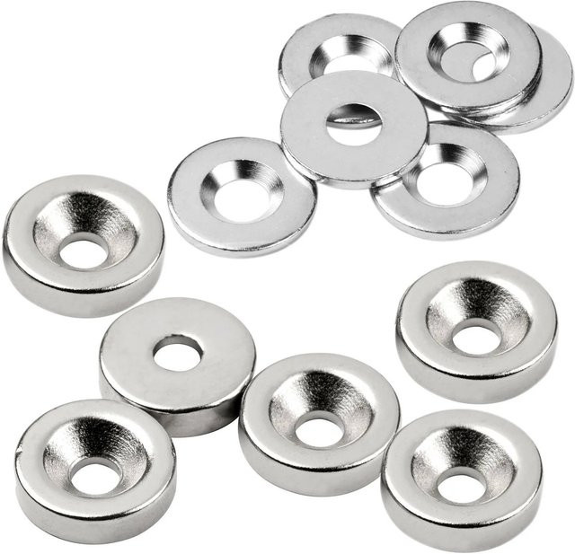 vasalat Neodym-Scheibenmagnete rund mit Bohrung und Metallscheibe, 12-teilig, Farbe: Silber - Bild 1