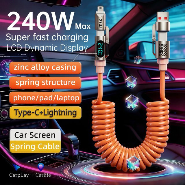 Setolgh 4-in-1 Spiralkabel mit LCD Dynamischem Display und 240W Schnellladefunktion, einziehbares USB-C Autokabel in Orange für iPhone und Samsung Galaxy, Farbe: Orange - Bild 1