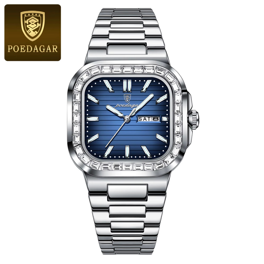 POEDAGAR Armbanduhr Edelstahl, Quarz, Eckig, Blau, Herren - Bild 7